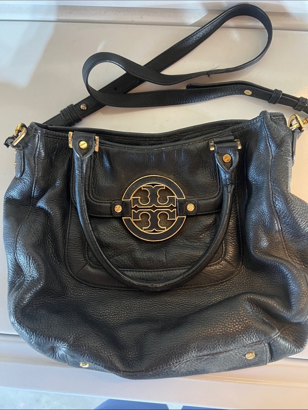 Tory Burch Black Leather Logo Shoulder Bag with Gold Hardware